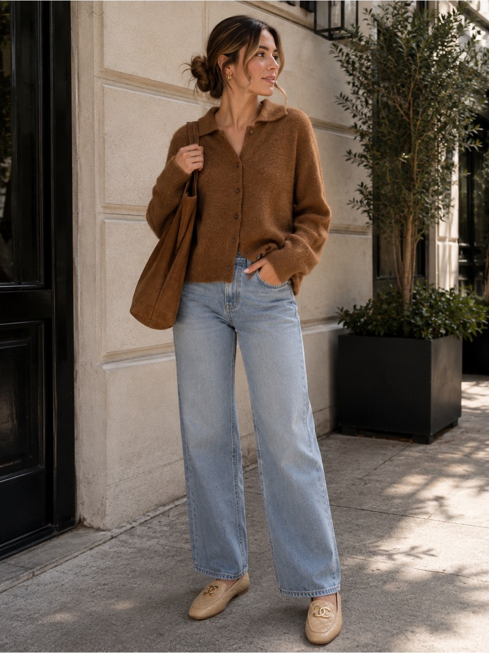 H&M Chestnut Brown Button-Front Texture Sweater